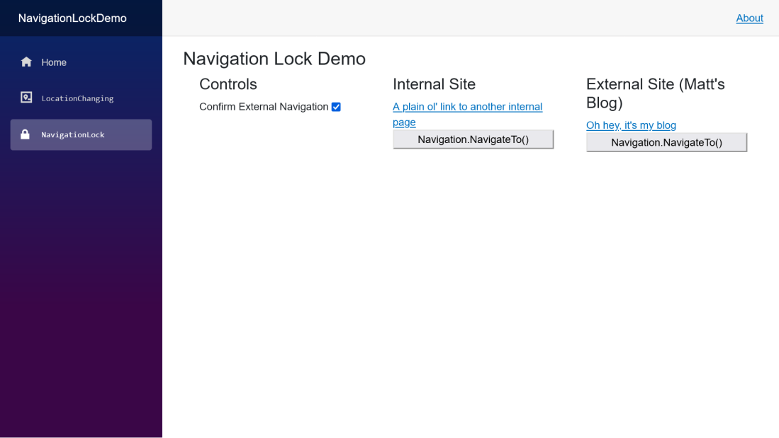 A screenshot of a Blazor application titled "Navigation Lock Demo" with controls and a series of links and buttons for testing the functionality of NavigationLock
