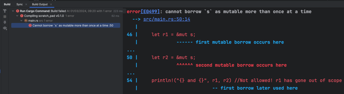 A screenshot of a Rust error message in RustRover, stating "cannot borrow `s` as mutable more than once at a time" with clear ASCII arrows pointing at the usages